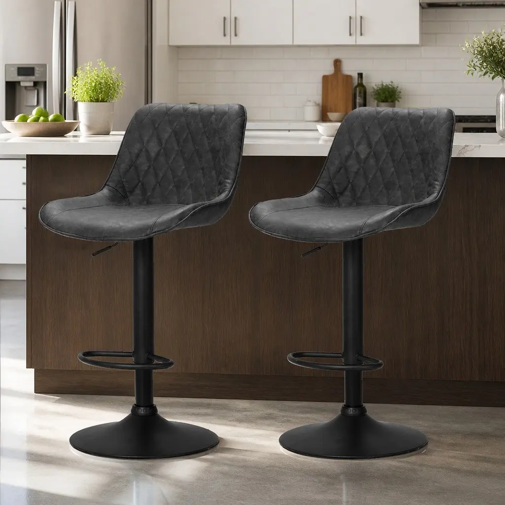 Bar Stools Gas Lift Swivel Adjustable Height Leather Seat Set of 2 Black