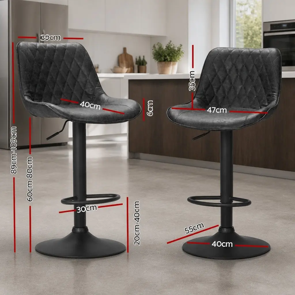 Bar Stools Gas Lift Swivel Adjustable Height Leather Seat Set of 2 Black