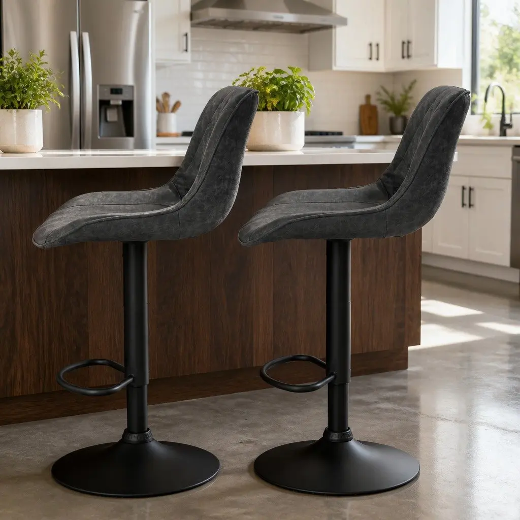 Bar Stools Gas Lift Swivel Adjustable Height Leather Seat Set of 2 Black