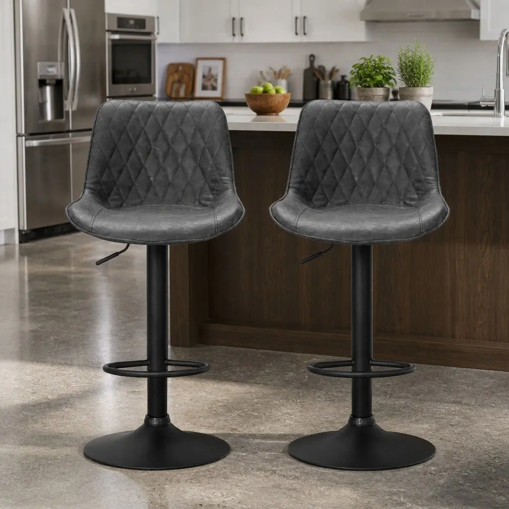 Bar Stools Gas Lift Swivel Adjustable Height Leather Seat Set of 2 Black