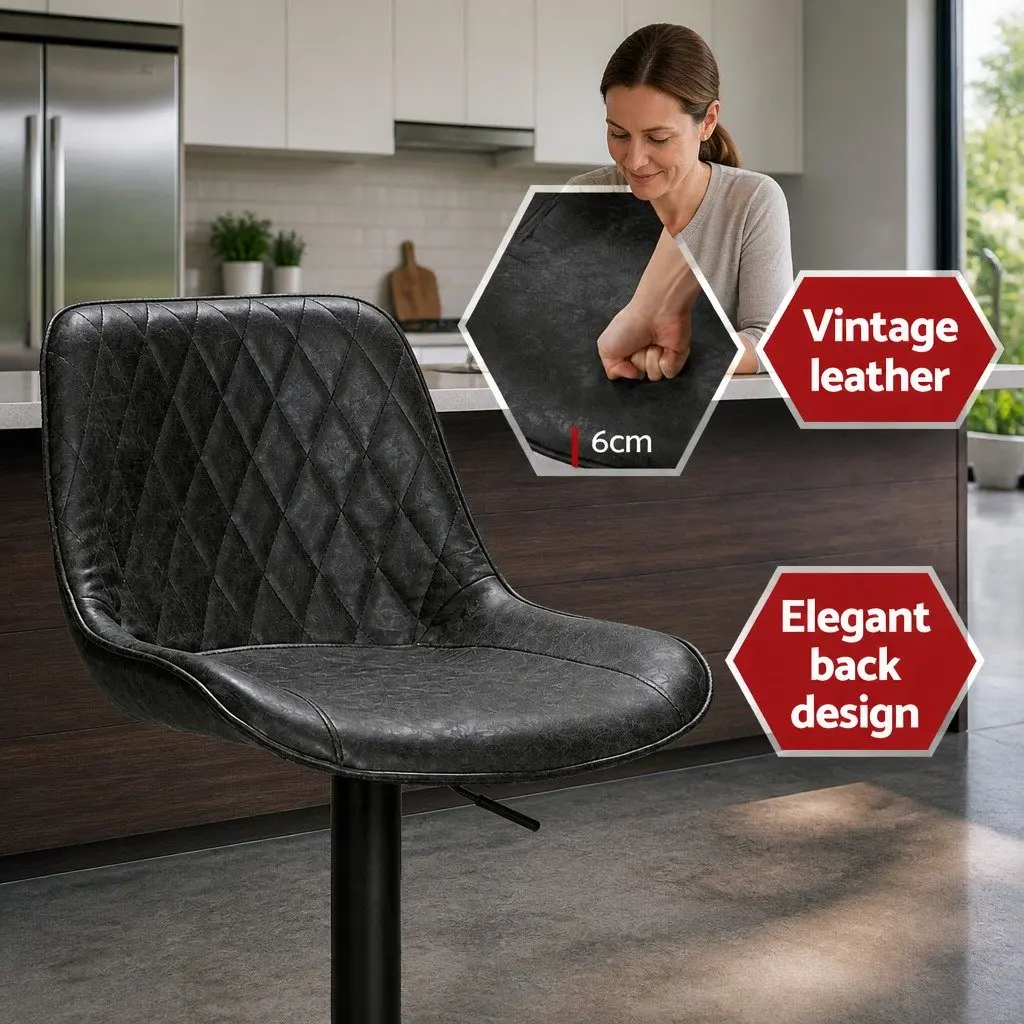 Bar Stools Gas Lift Swivel Adjustable Height Leather Seat Set of 2 Black