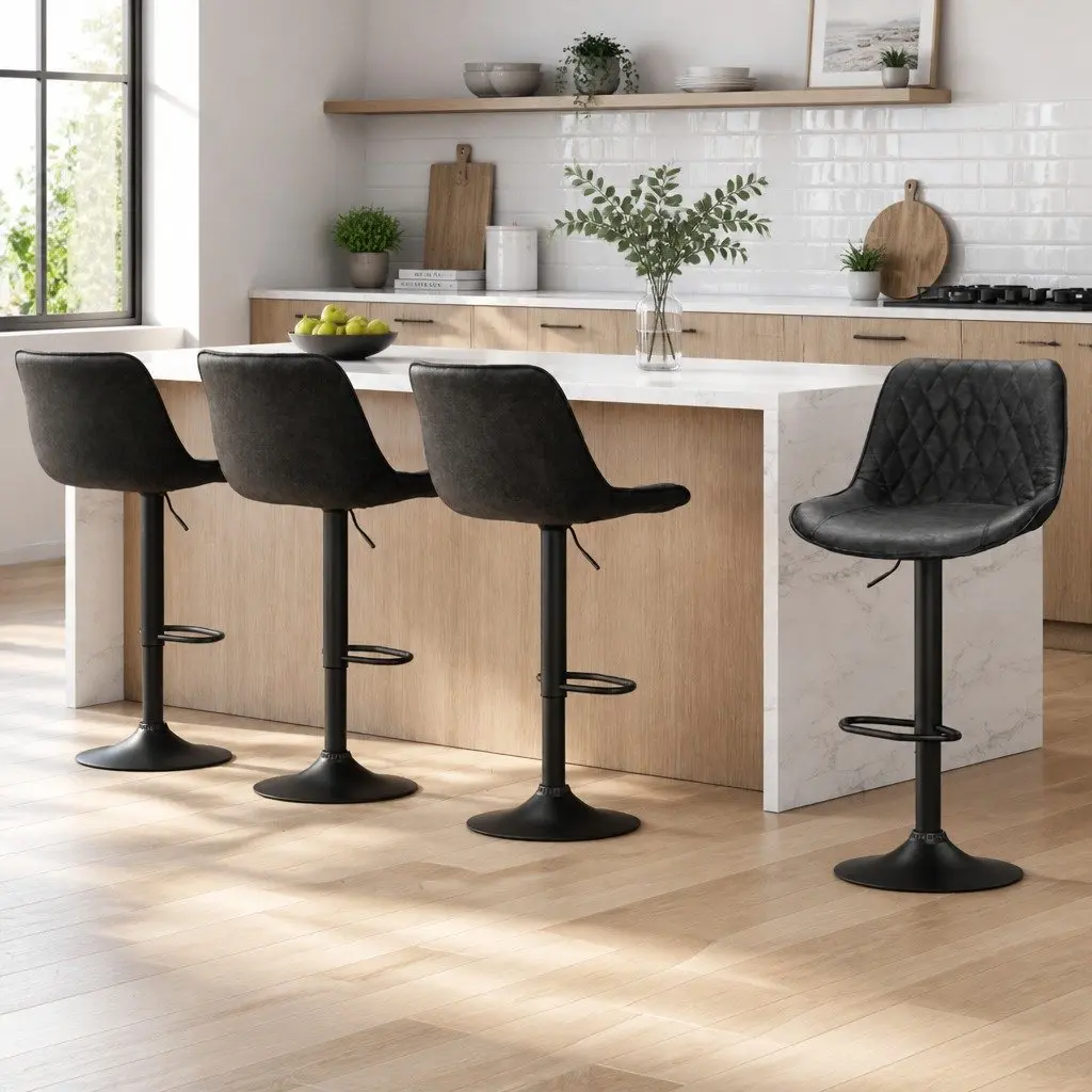 Bar Stools Set of 4 Gas Lift Swivel Vintage Leather Black Kitchen Dining