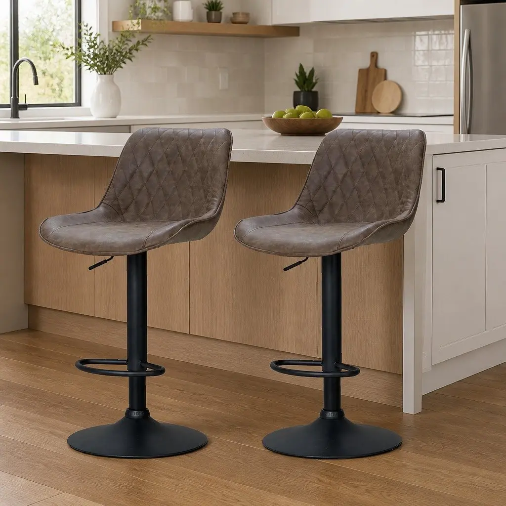 Bar Stools Set of 2 Gas Lift Adjustable Height Swivel Seat Vintage Brown