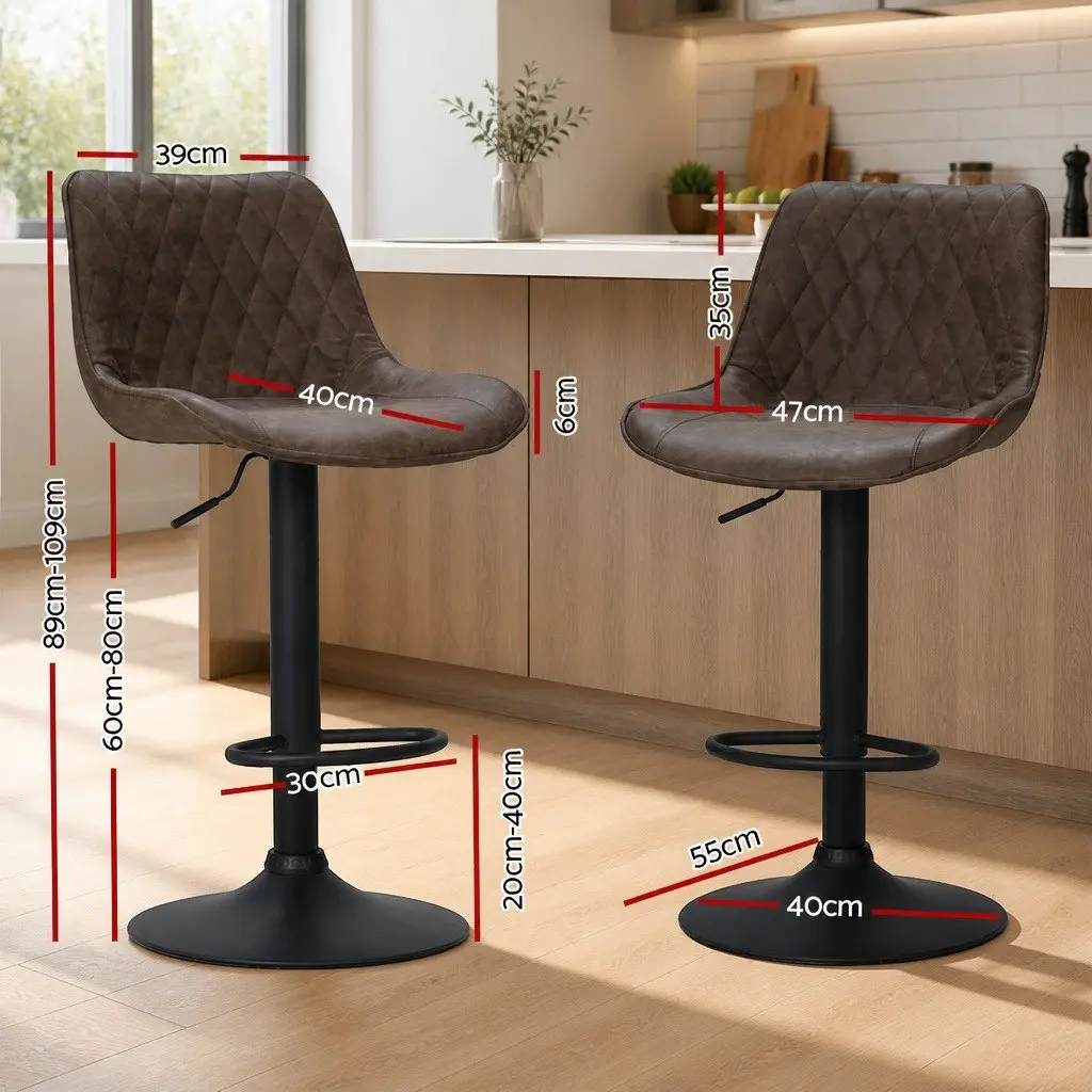 Bar Stools Set of 2 Gas Lift Adjustable Height Swivel Seat Vintage Brown