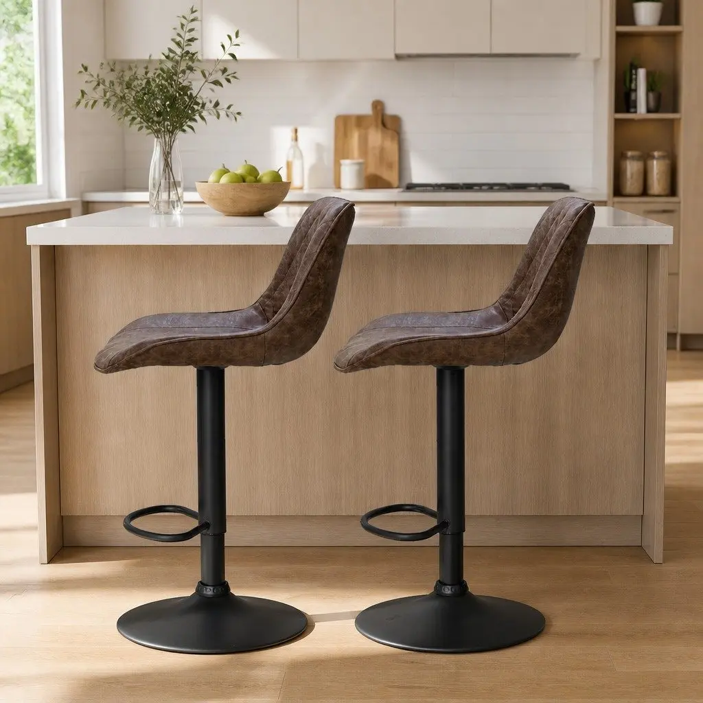 Bar Stools Set of 2 Gas Lift Adjustable Height Swivel Seat Vintage Brown