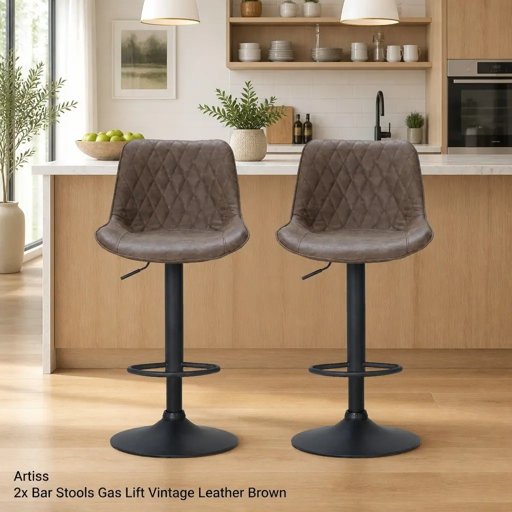 Bar Stools Set of 2 Gas Lift Adjustable Height Swivel Seat Vintage Brown