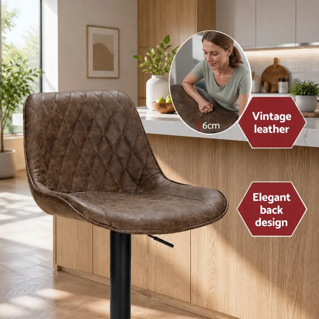 Bar Stools Set of 2 Gas Lift Adjustable Height Swivel Seat Vintage Brown