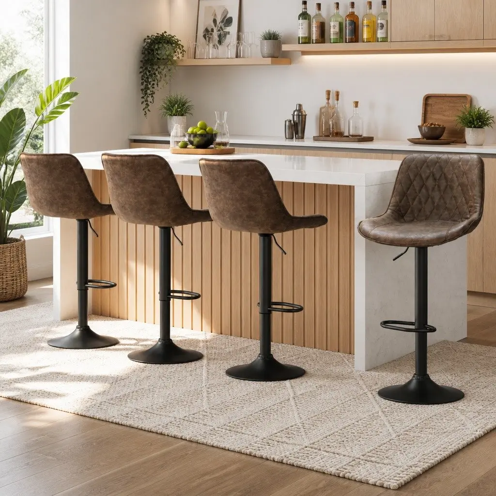 Bar Stools Vintage Brown Set of 4 Swivel Height Adjustable PU Leather Seat