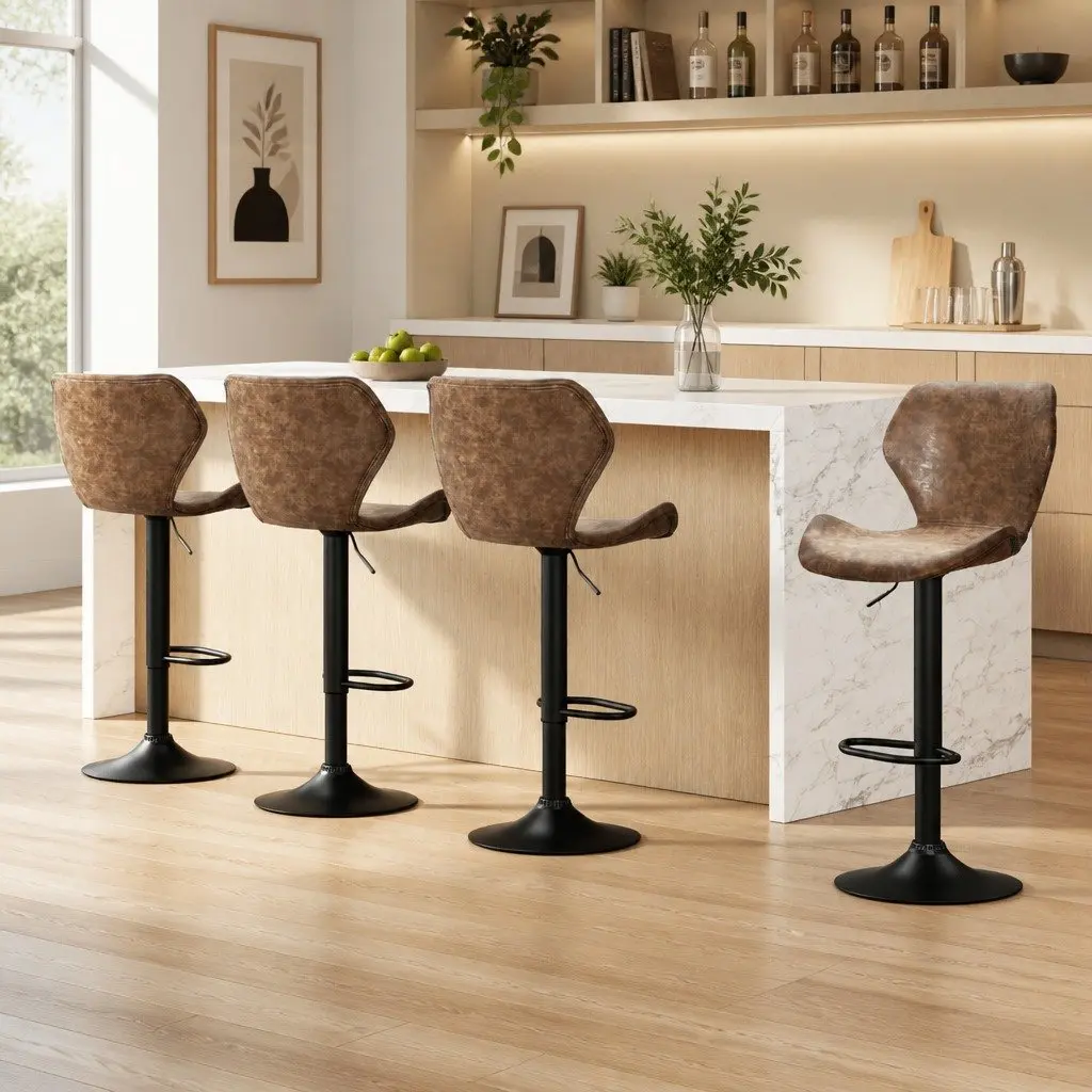 Bar Stools Vintage Brown Swivel Adjustable Height PU Leather Set of 4