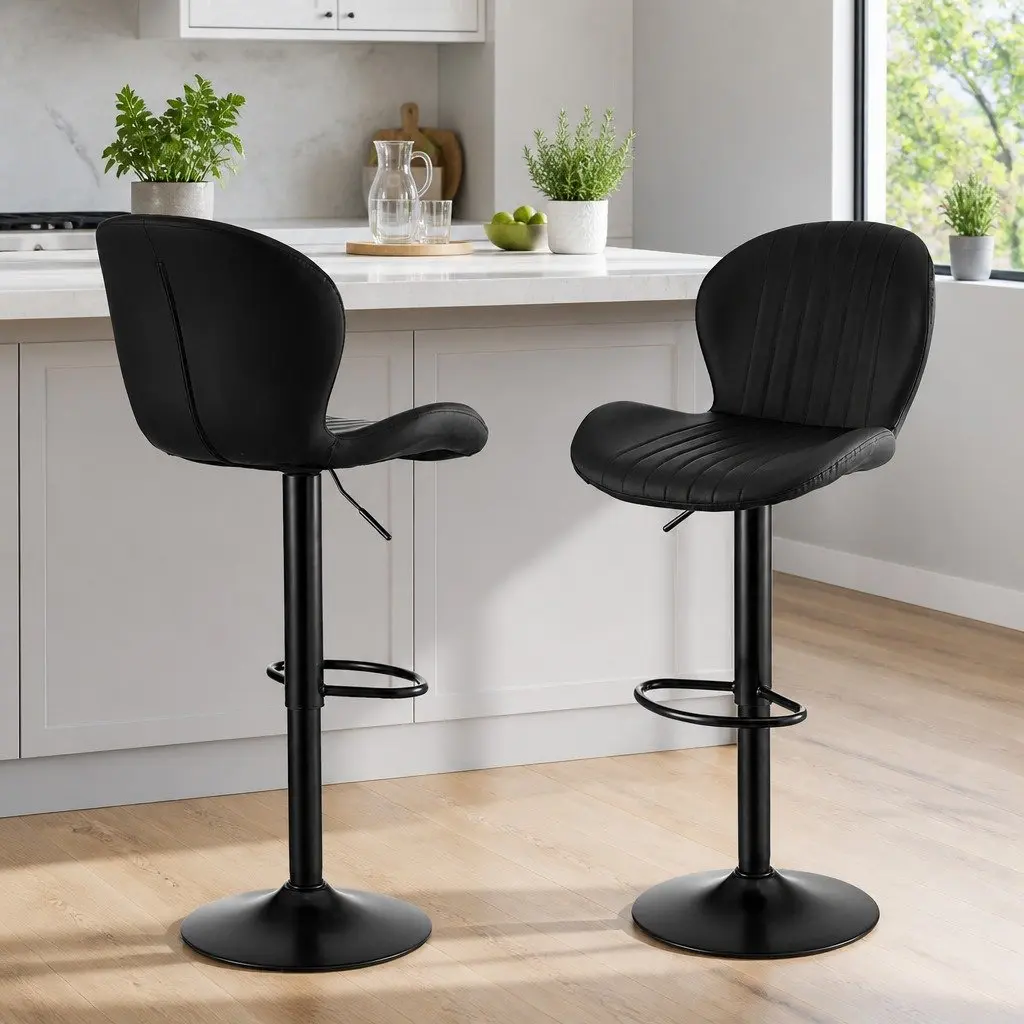 Set of 2 Black PU Leather Swivel Bar Stools