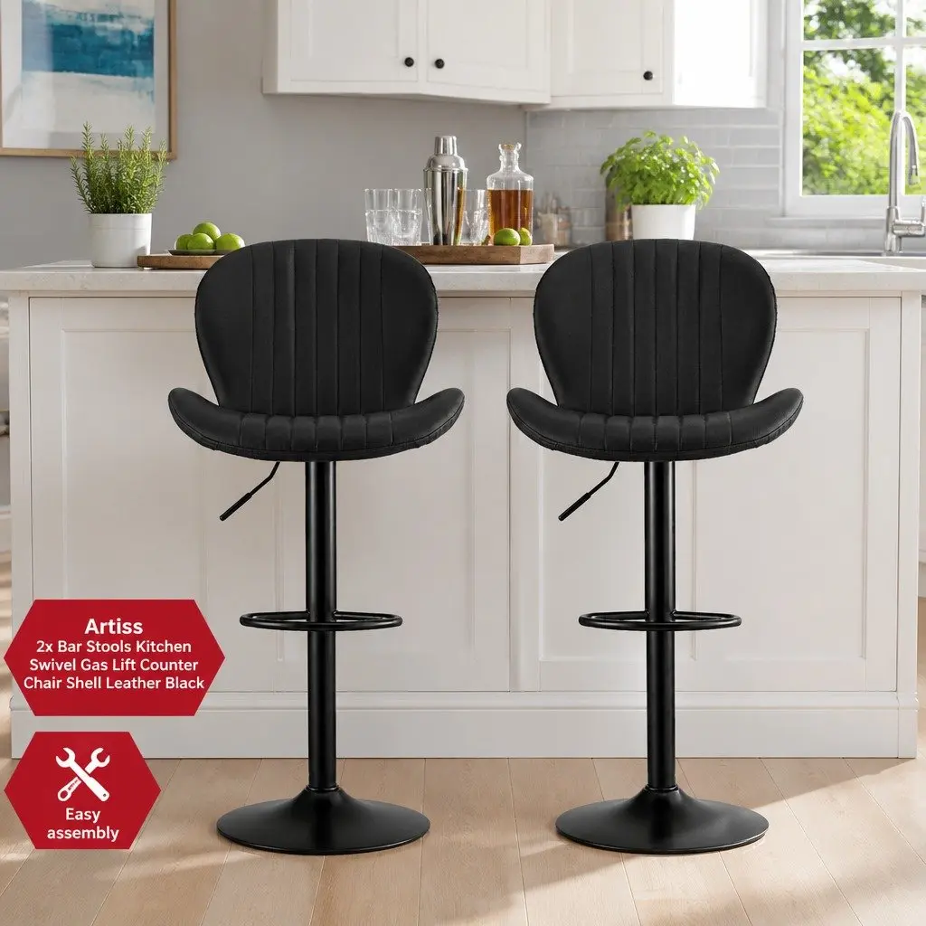 Set of 2 Black PU Leather Swivel Bar Stools