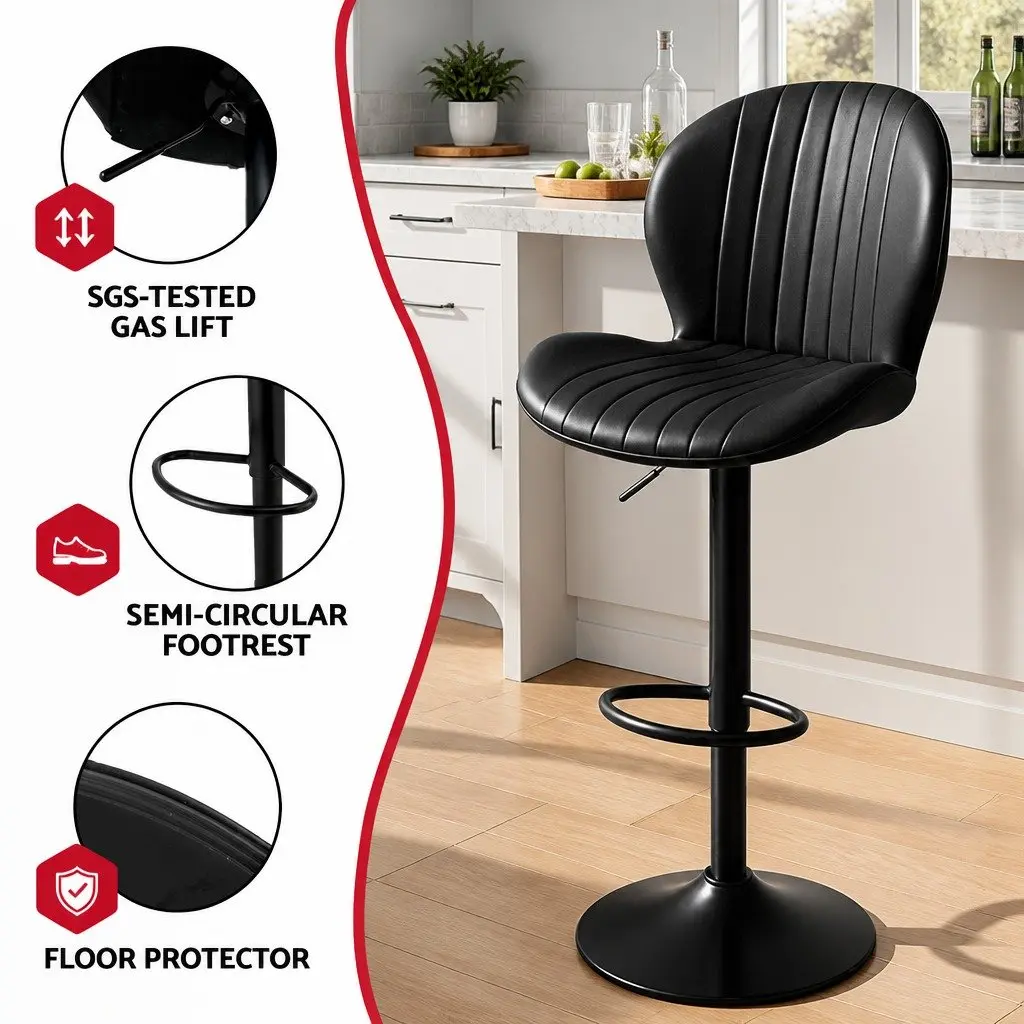 Set of 2 Black PU Leather Swivel Bar Stools