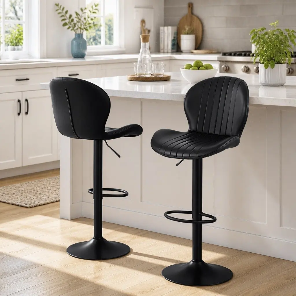 Set of 2 Black PU Leather Swivel Bar Stools