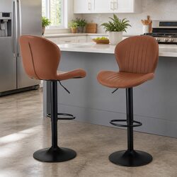 Set of 2 Brown PU Leather Swivel Bar Stools