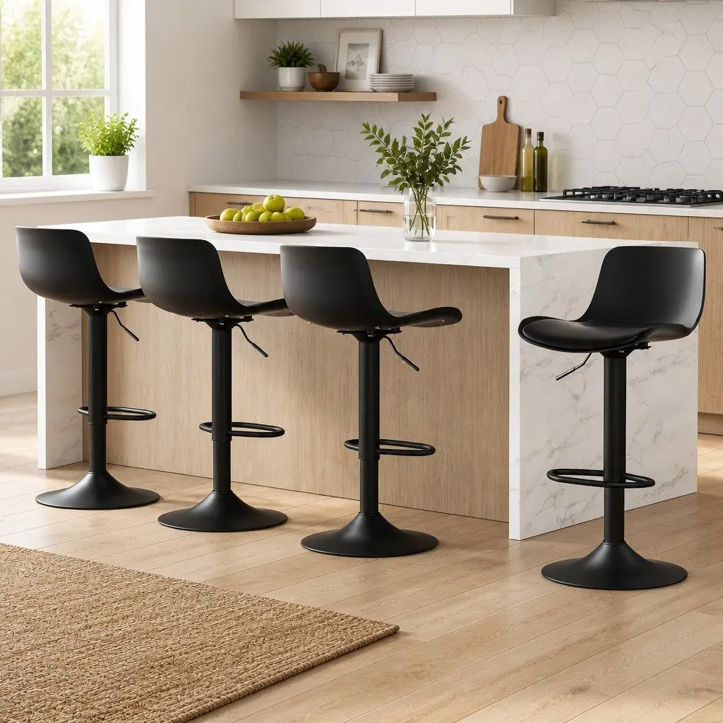 Bar Stools Set of 4 Padded Seat Gas Lift Swivel Black Kitchen Dining Chairs