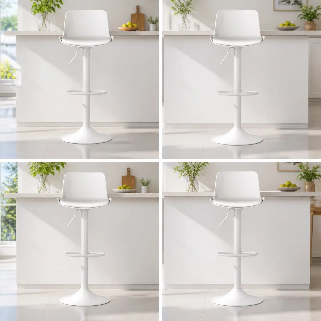 Set of 4 White Adjustable Bar Stools with Swivel Seats