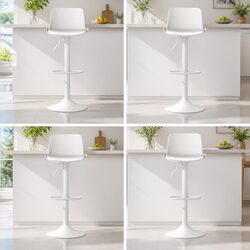 Set of 4 White Adjustable Bar Stools with Swivel Seats