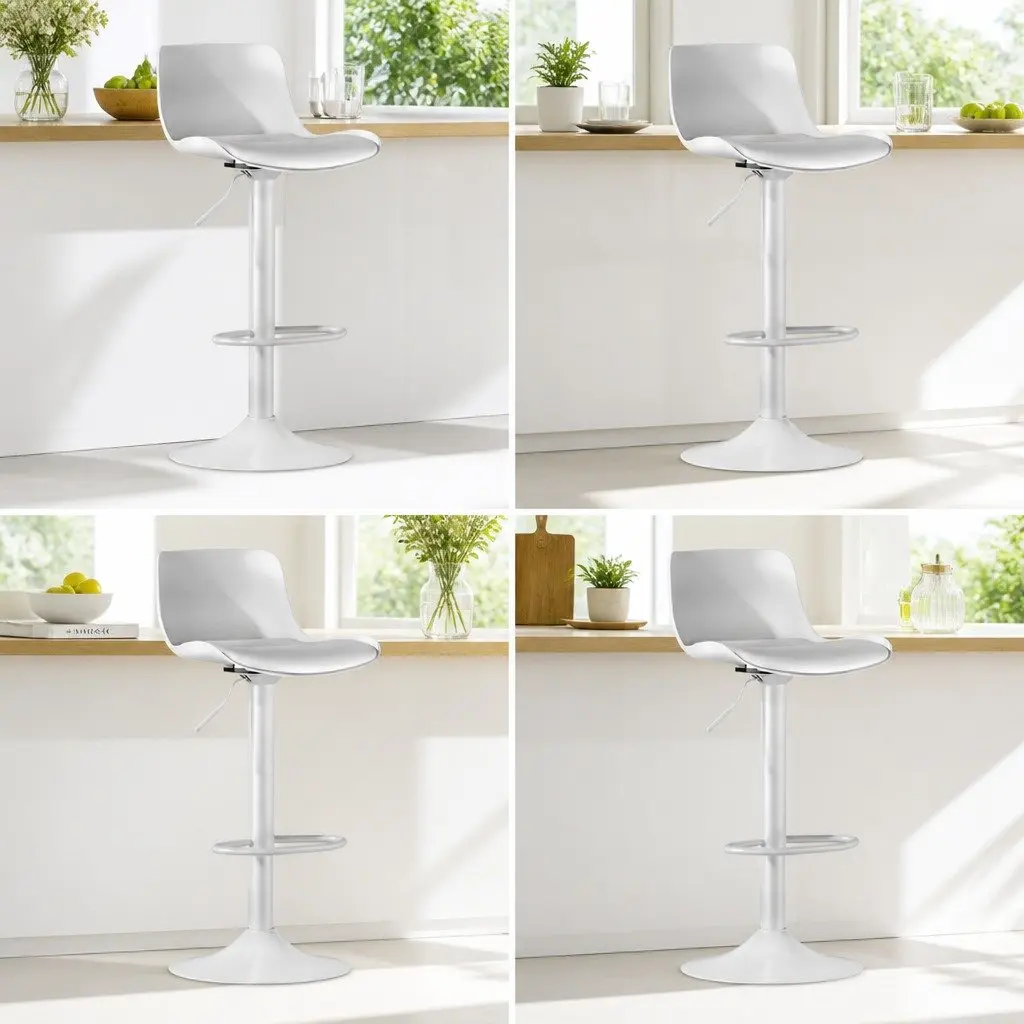 Set of 4 White Adjustable Bar Stools with Swivel Seats