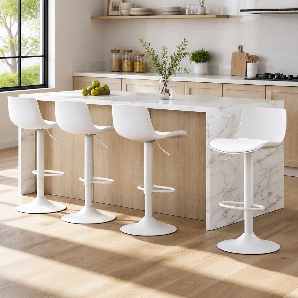 Set of 4 White Adjustable Bar Stools with Swivel Seats