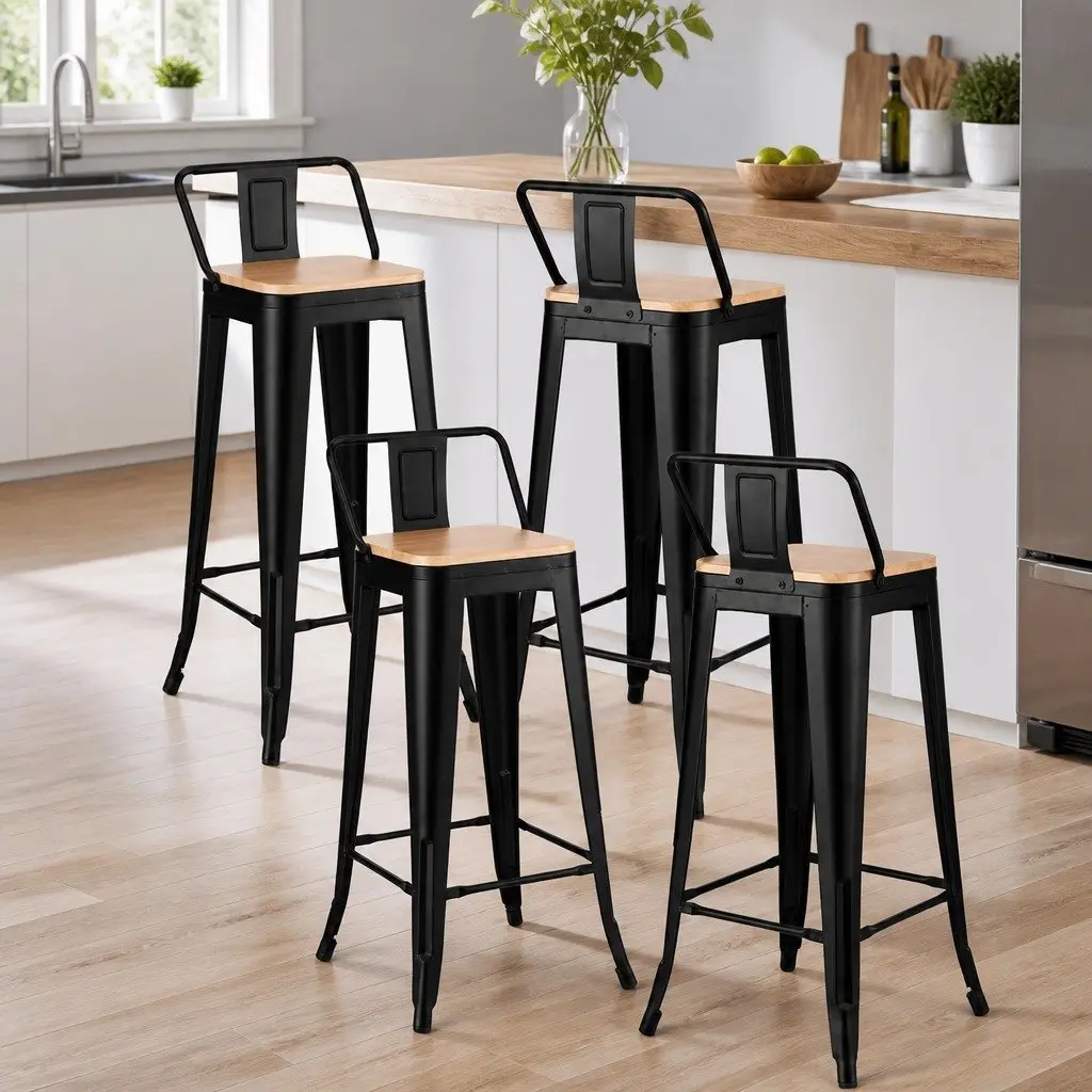 Set of 4 Stackable Bar Stools in Black and Pine