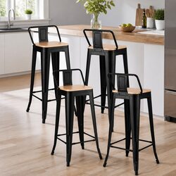 Set of 4 Stackable Bar Stools in Black and Pine