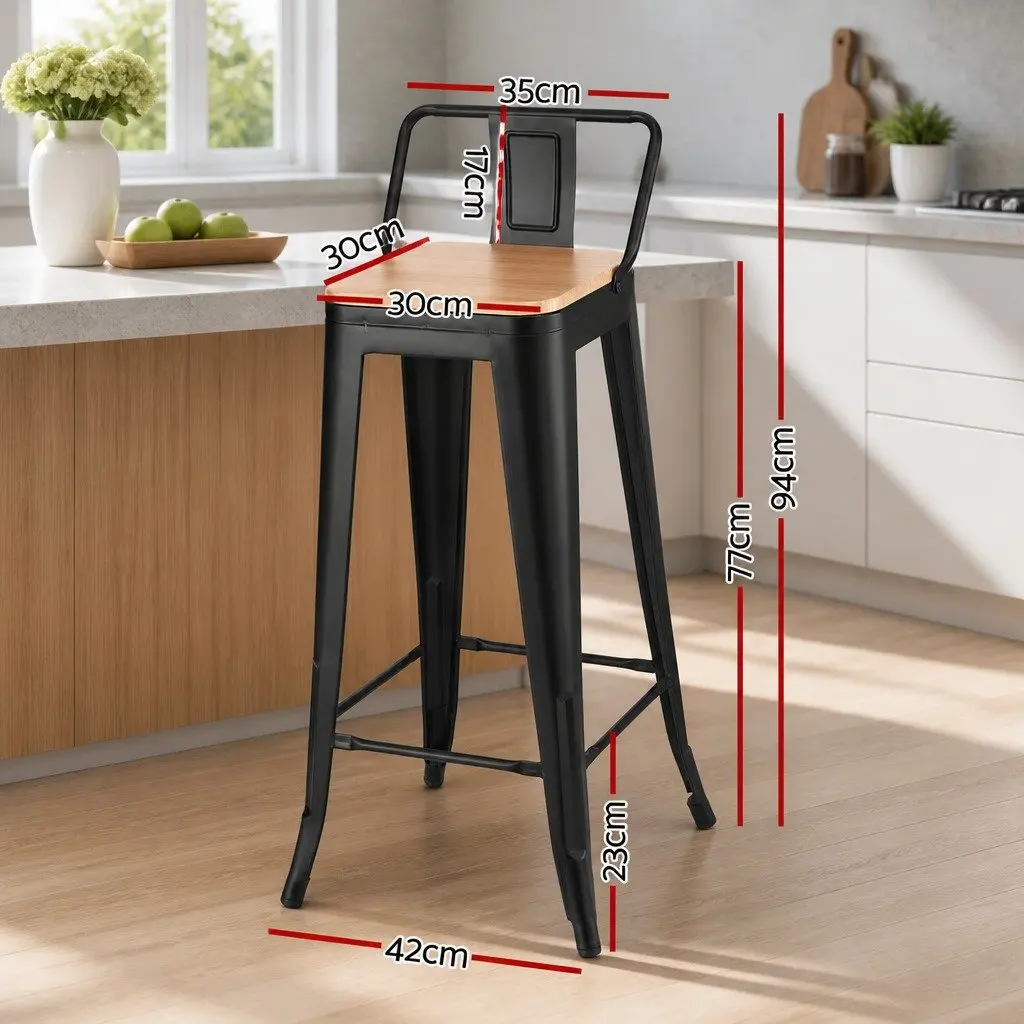 Bar Stools Stackable Metal Pine Black 4 Piece MDF Seat High Chair Dining Kitchen
