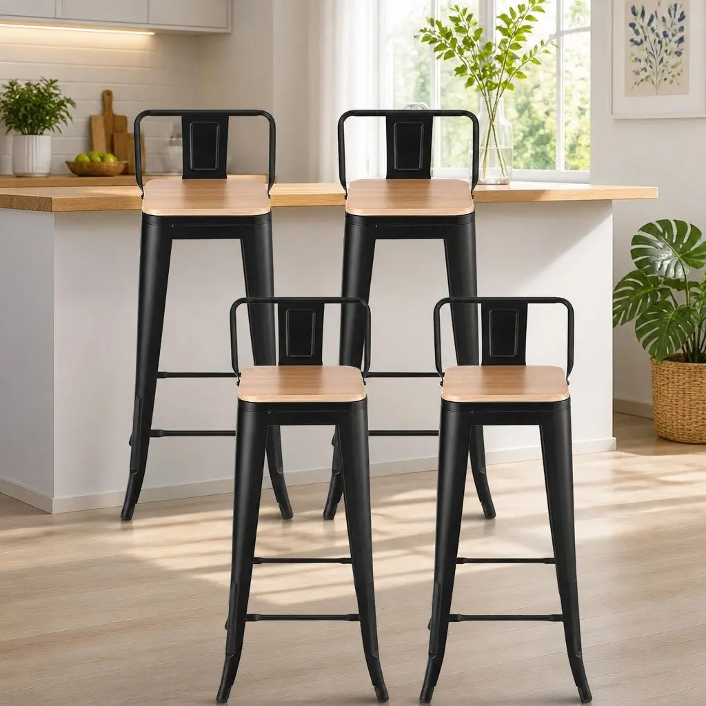Bar Stools Stackable Metal Pine Black 4 Piece MDF Seat High Chair Dining Kitchen