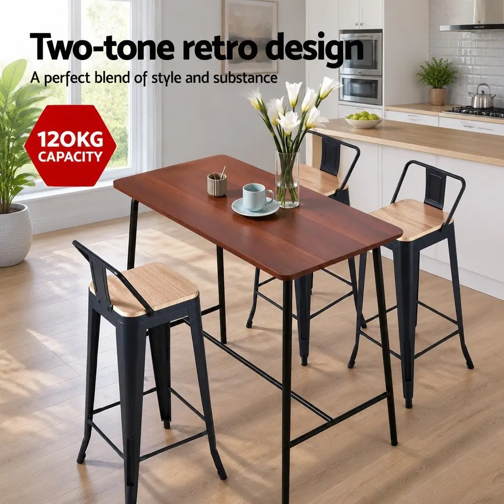 Bar Stools Stackable Metal Pine Black 4 Piece MDF Seat High Chair Dining Kitchen