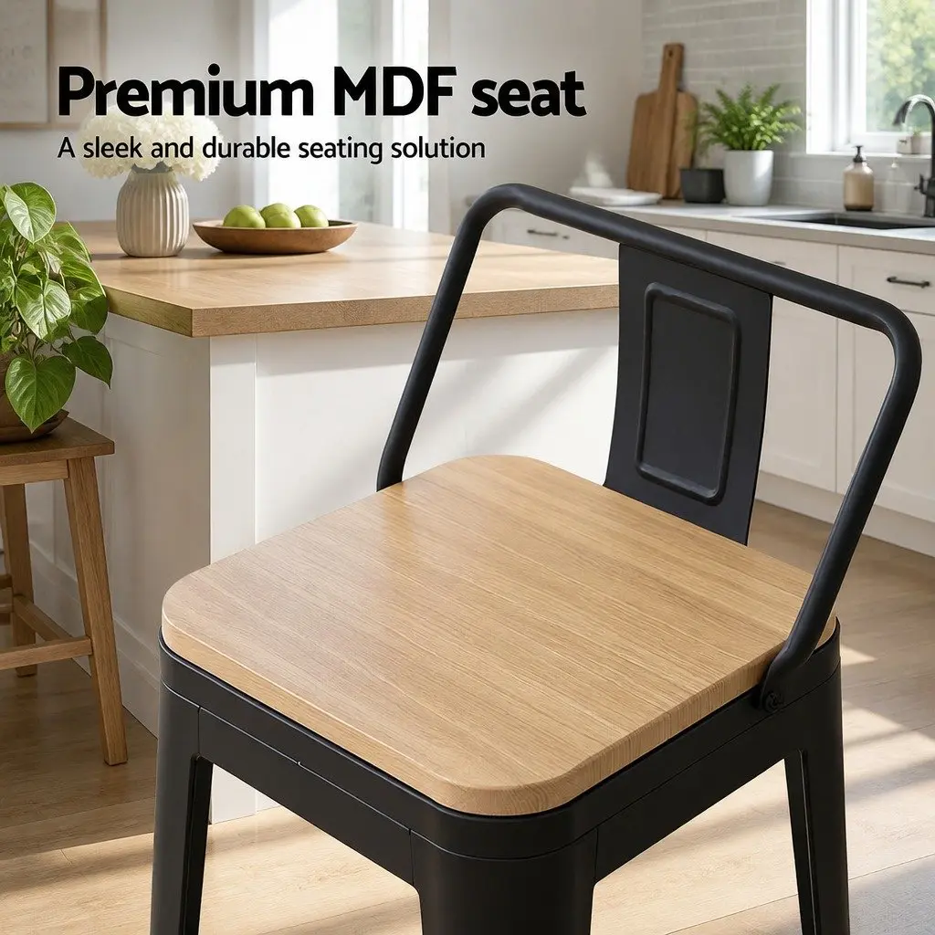 Bar Stools Stackable Metal Pine Black 4 Piece MDF Seat High Chair Dining Kitchen