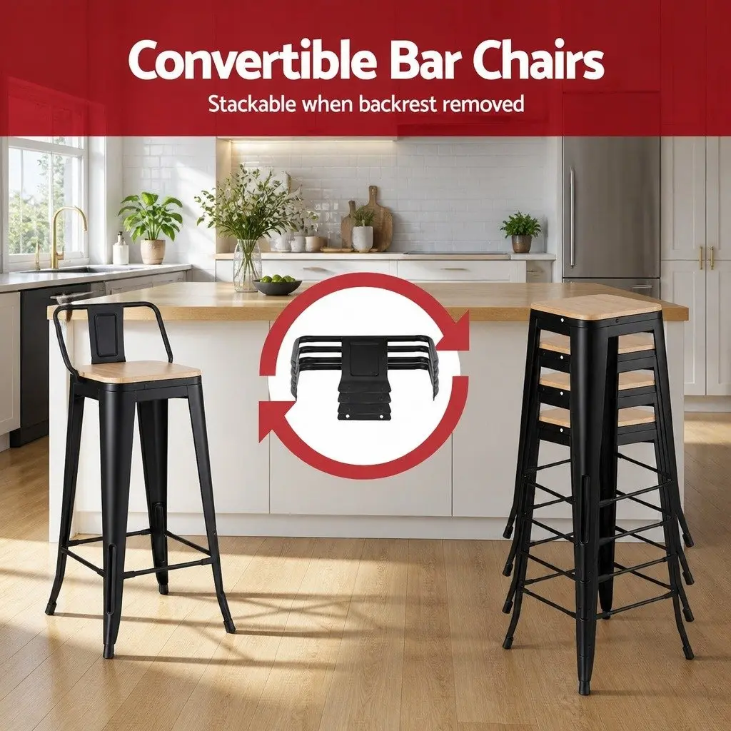 Bar Stools Stackable Metal Pine Black 4 Piece MDF Seat High Chair Dining Kitchen