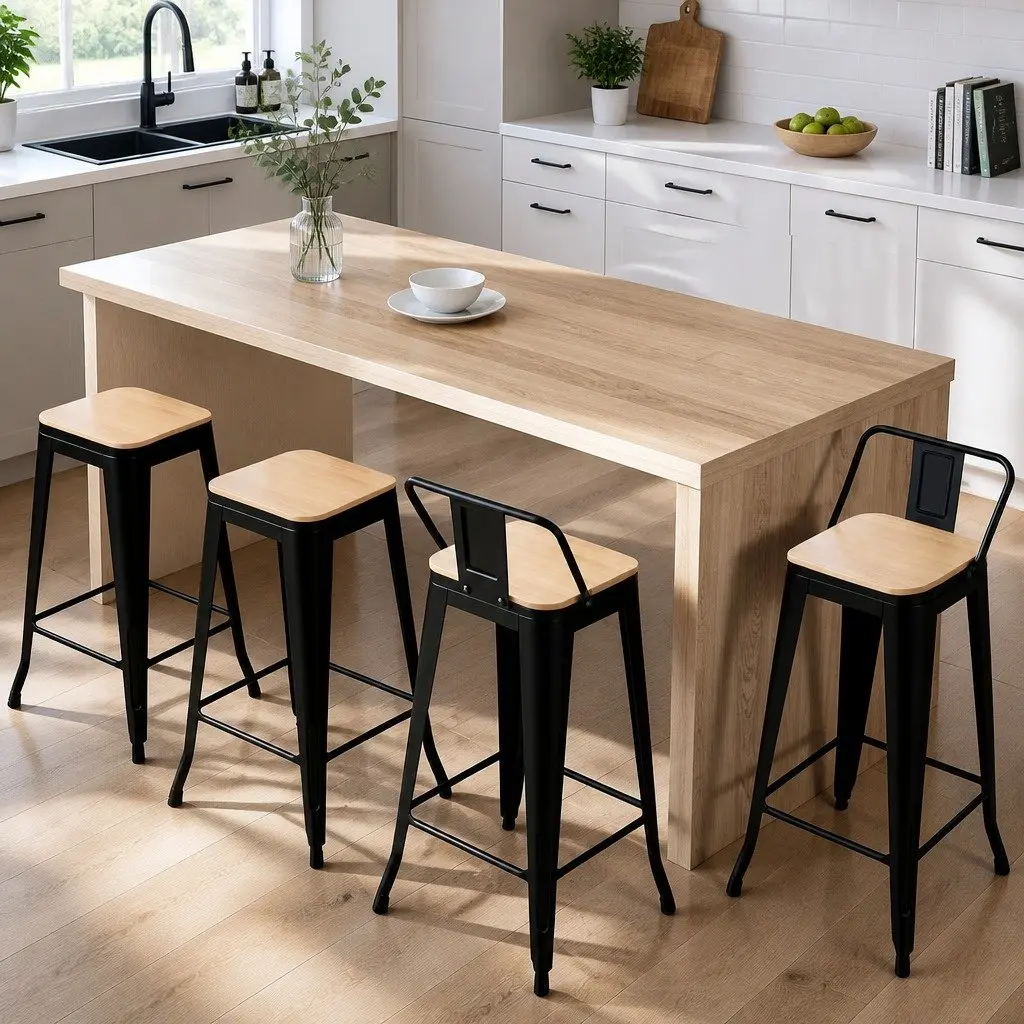Bar Stools Stackable Metal Pine Black 4 Piece MDF Seat High Chair Dining Kitchen