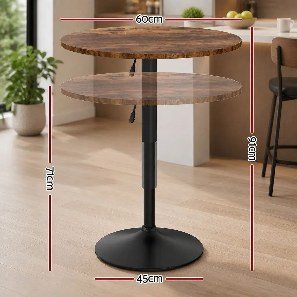 Height Adjustable Round Bar Table Rustic Brown and Black 60cm MDF Steel