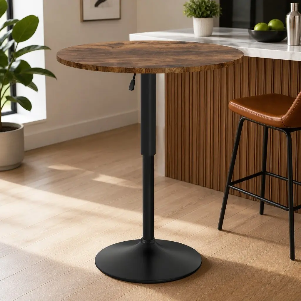 Height Adjustable Round Bar Table Rustic Brown and Black 60cm MDF Steel