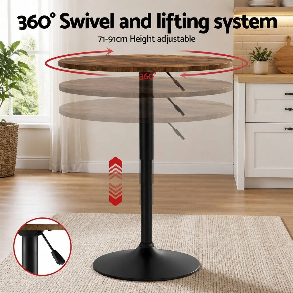 Height Adjustable Round Bar Table Rustic Brown and Black 60cm MDF Steel