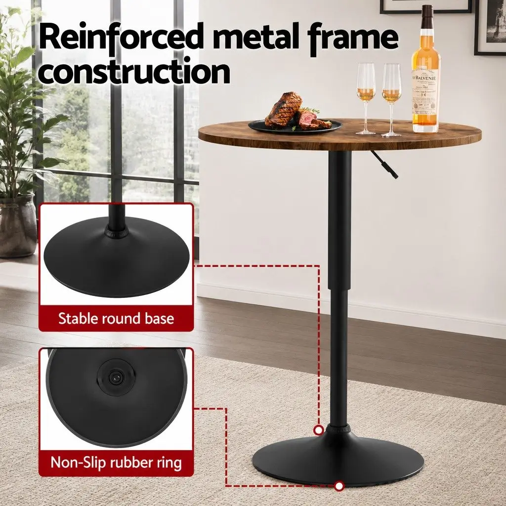 Height Adjustable Round Bar Table Rustic Brown and Black 60cm MDF Steel