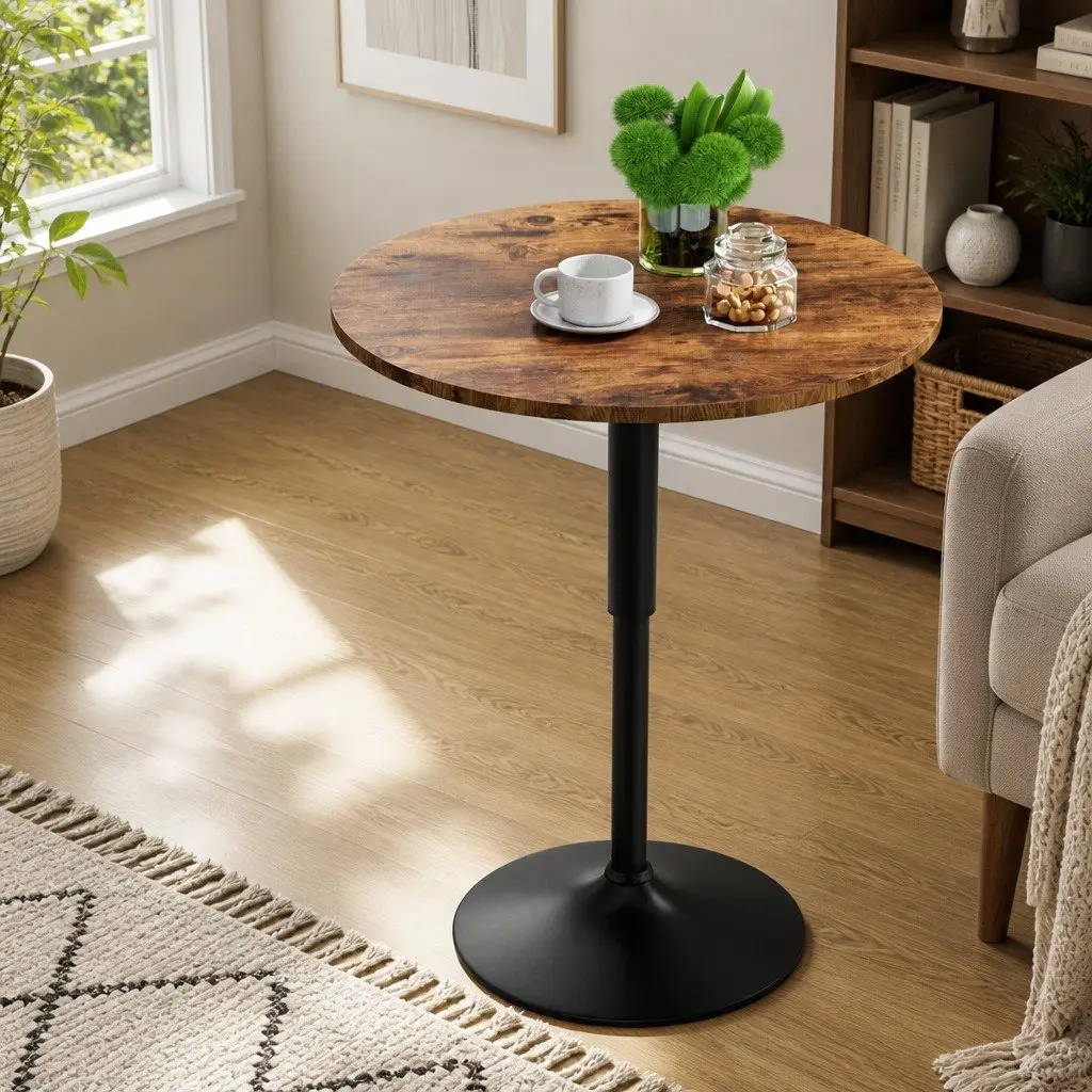 Height Adjustable Round Bar Table Rustic Brown and Black 60cm MDF Steel