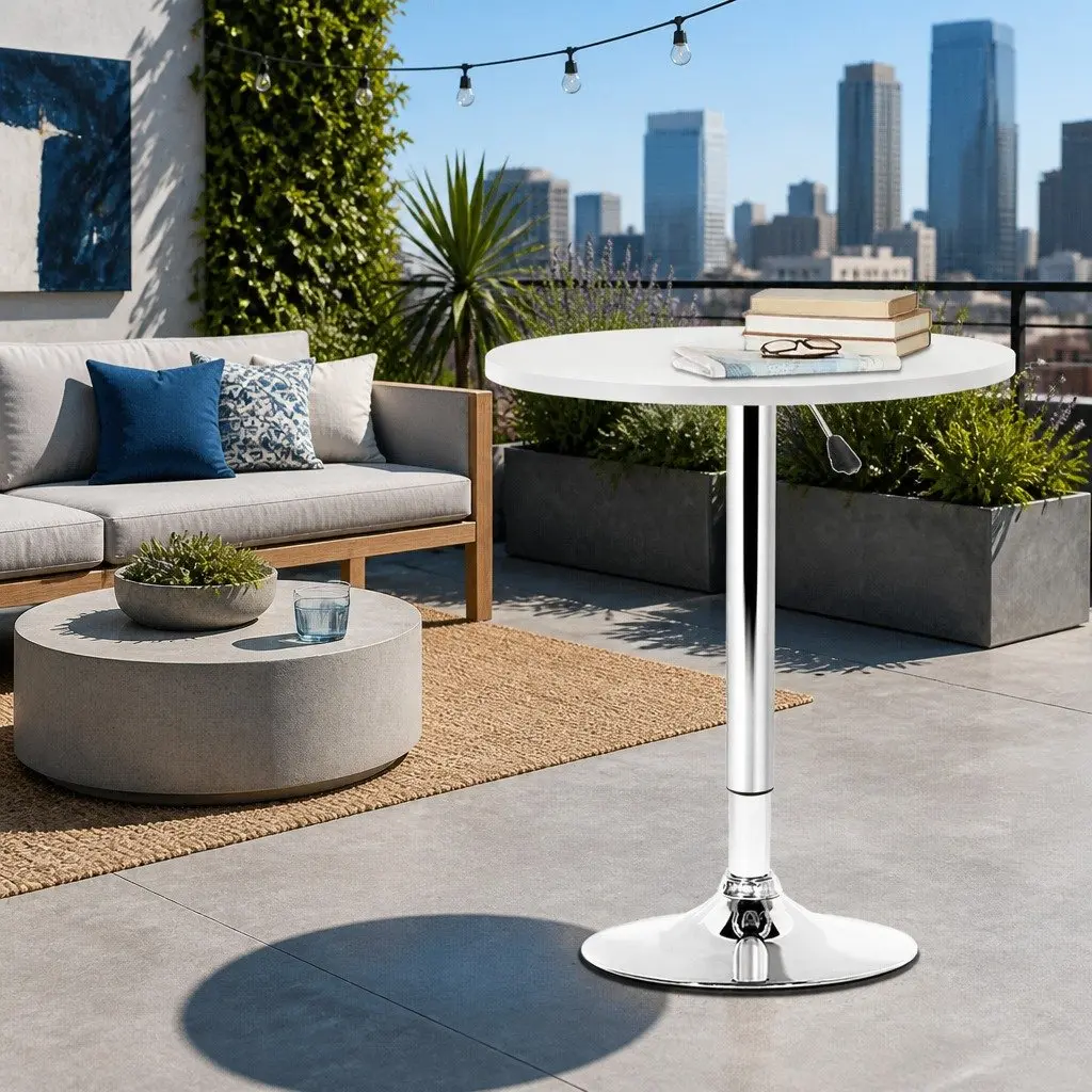 Round Bar Table Height Adjustable White Lacquered Wood 60cm MDF Steel