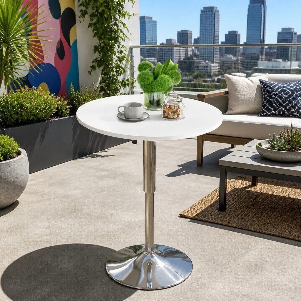 Round Bar Table Height Adjustable White Lacquered Wood 60cm MDF Steel