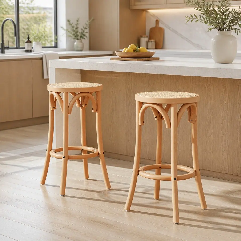 Set of 2 Bar Stools with Rattan Seat and Beechwood Frame