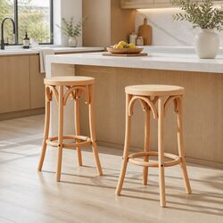 Set of 2 Bar Stools with Rattan Seat and Beechwood Frame