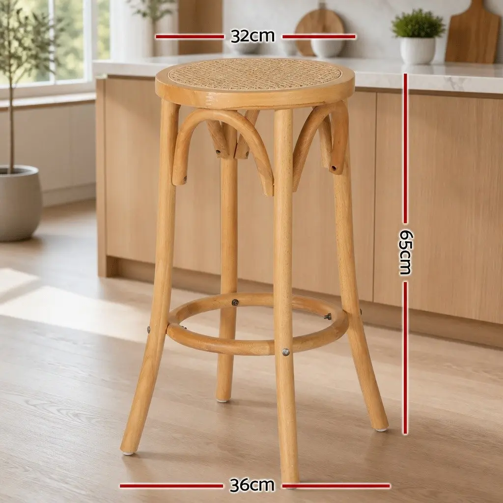 Set of 2 Bar Stools with Rattan Seat and Beechwood Frame