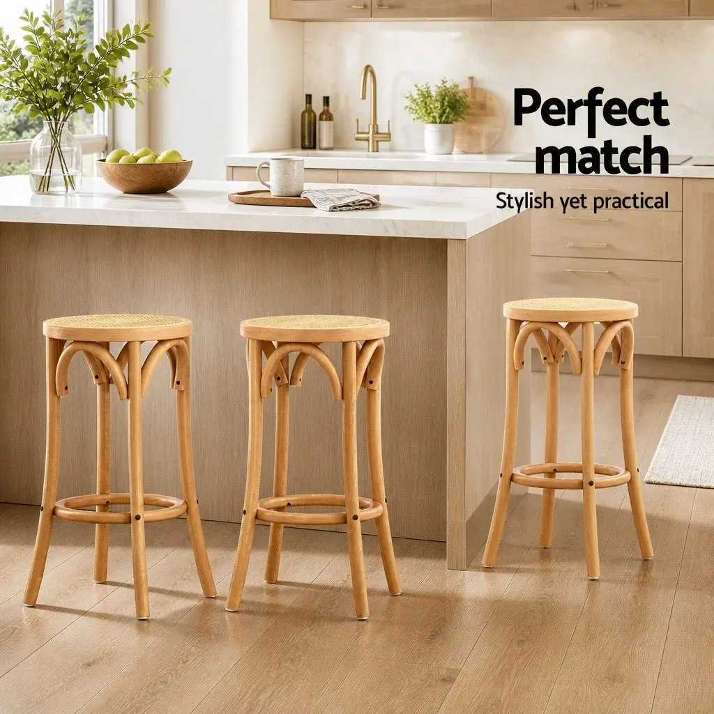 Set of 2 Bar Stools with Rattan Seat and Beechwood Frame