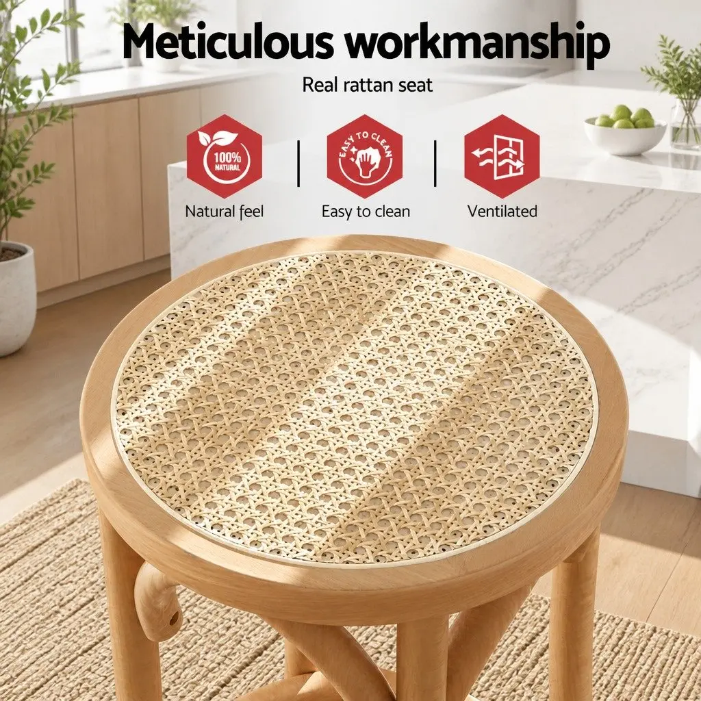 Set of 2 Bar Stools with Rattan Seat and Beechwood Frame