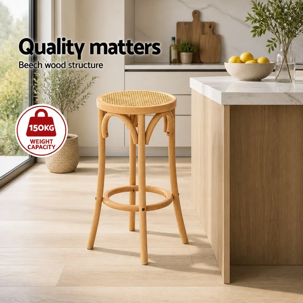 Set of 2 Bar Stools with Rattan Seat and Beechwood Frame