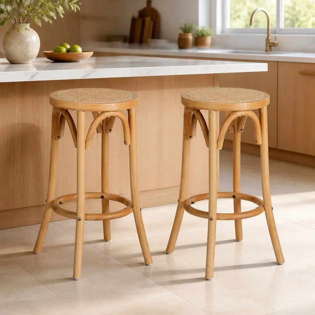 Set of 2 Bar Stools with Rattan Seat and Beechwood Frame