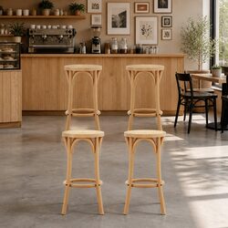Set of 4 Oak Bar Stools with Rattan Seats