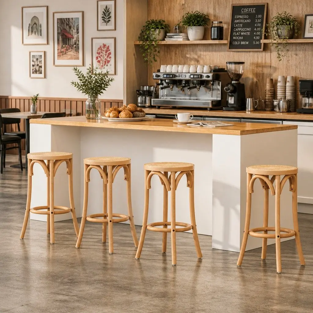 Bar Stools Rattan Seat Wooden Frame Kitchen Counter Height Dining 65cm Oak Finish Set of 4