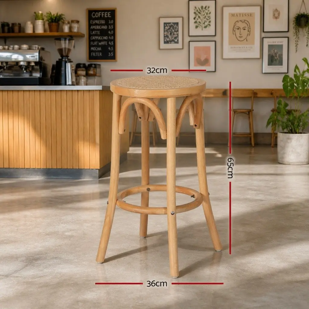 Bar Stools Rattan Seat Wooden Frame Kitchen Counter Height Dining 65cm Oak Finish Set of 4