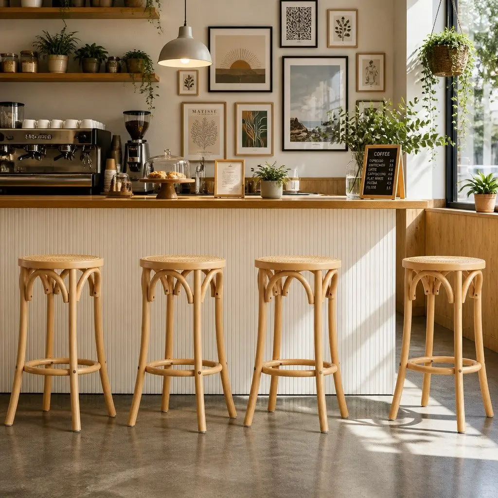 Bar Stools Rattan Seat Wooden Frame Kitchen Counter Height Dining 65cm Oak Finish Set of 4