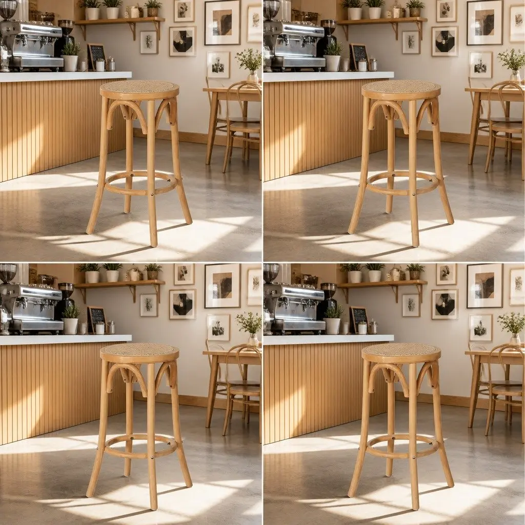 Bar Stools Rattan Seat Wooden Frame Kitchen Counter Height Dining 65cm Oak Finish Set of 4